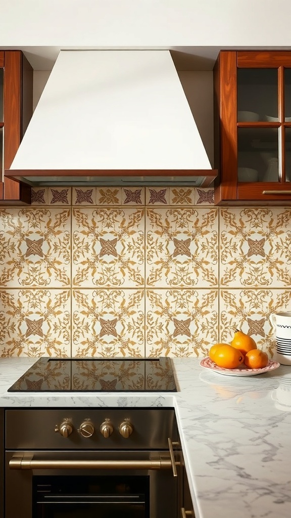 Intricate tile backsplash in an Indian-style kitchen with warm colors and detailed patterns.