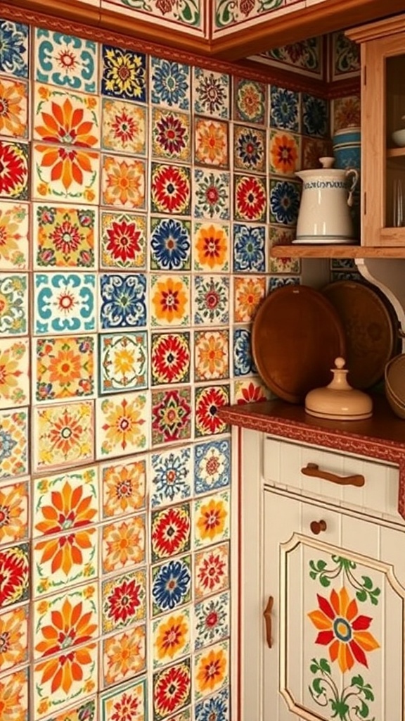 Colorful and intricate tile work in an Indian kitchen