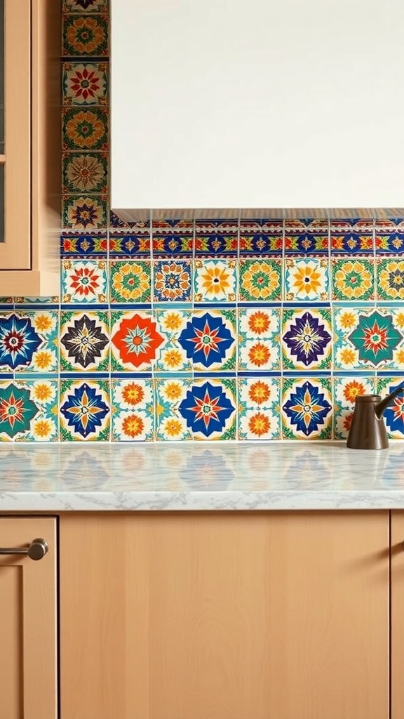 Colorful intricate tile work in an Indian kitchen