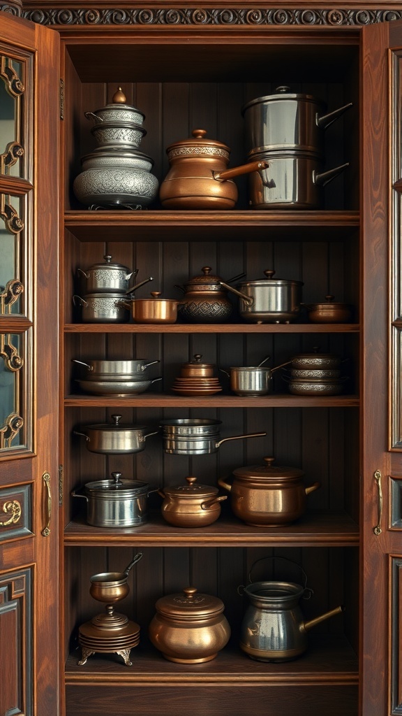 Intricate wooden cabinets displaying various pots and pans in an Indian kitchen.
