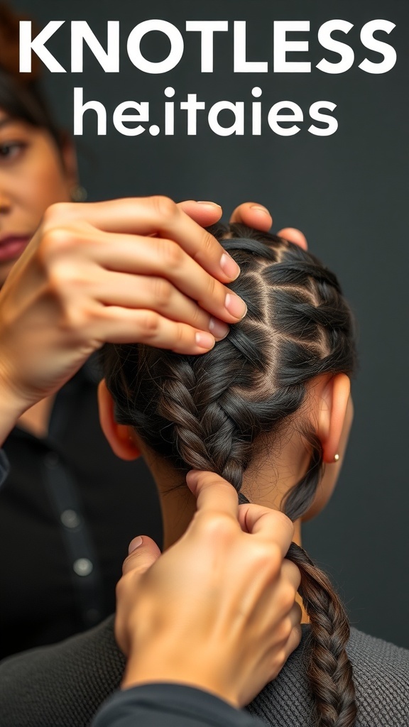 A stylist creating knotless braids on a client's hair.