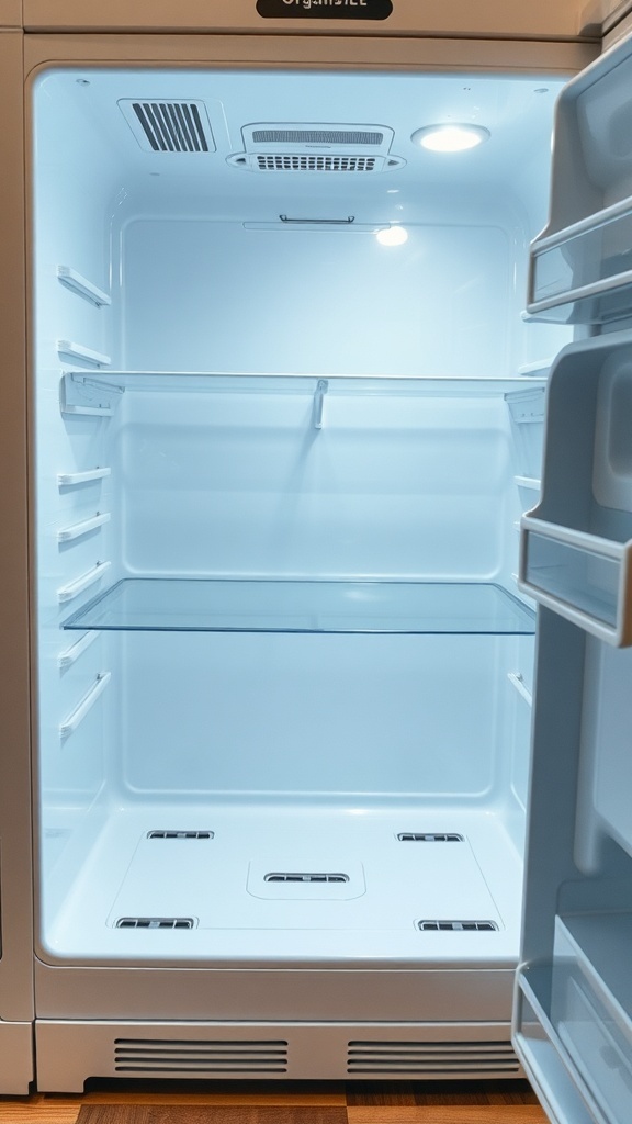 Interior of a clean and empty fridge with shelves and lighting