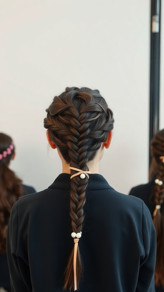 A girl with a beautiful braided hairstyle featuring beads and ribbons, showcasing knotless braids.