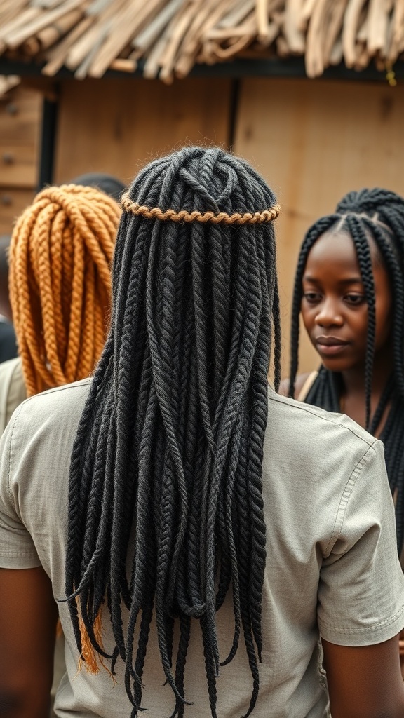 A group of individuals showcasing knotless braids in various colors, highlighting cultural significance.