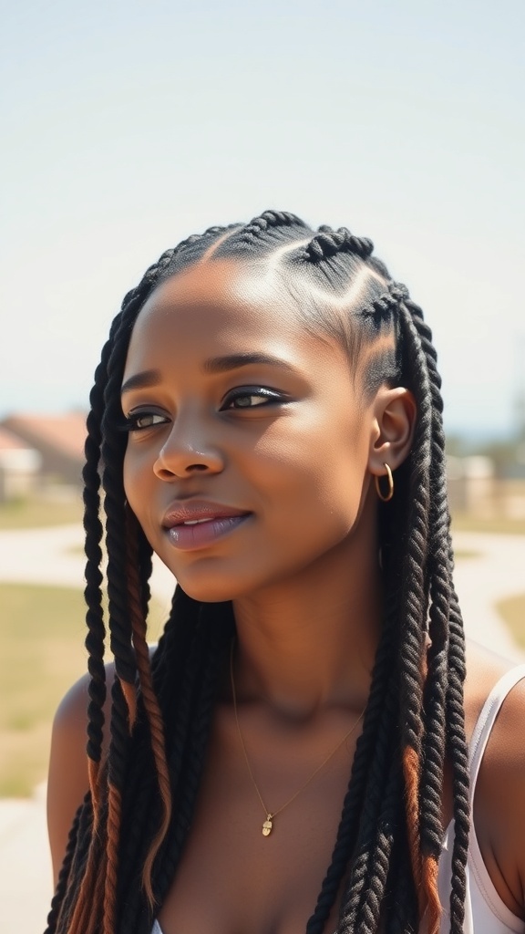 A woman with knotless braids, showcasing a natural and stylish look.
