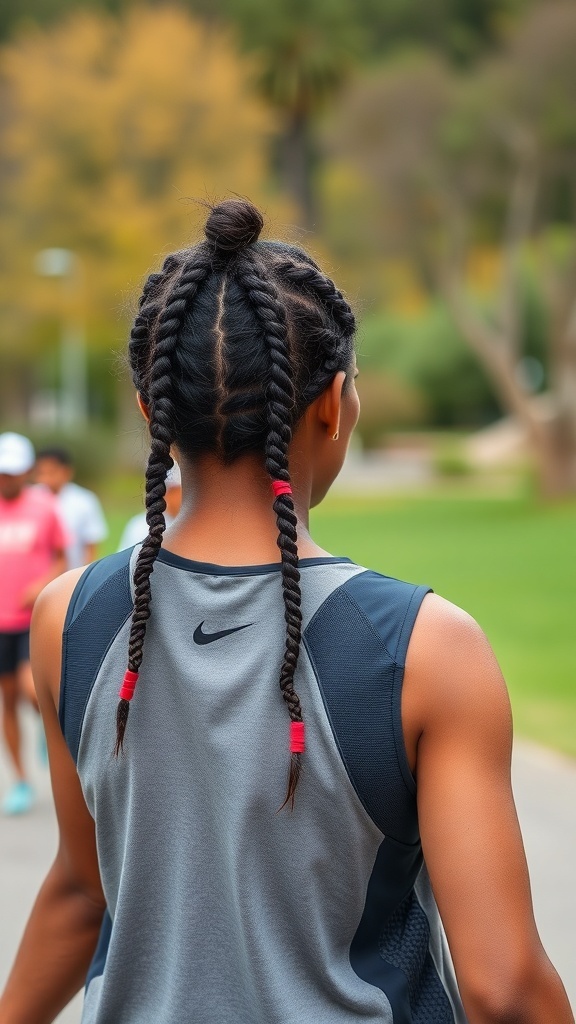 Person with knotless braids in a sporty outfit, ready for an active day.