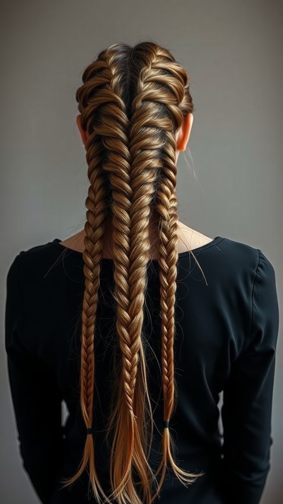 A woman with long hair styled in two knotless braids, showcasing a sleek and polished look.
