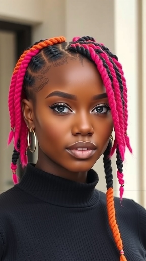 A model with vibrant knotless braids in pink and orange colors, showcasing a stylish look for short hair.