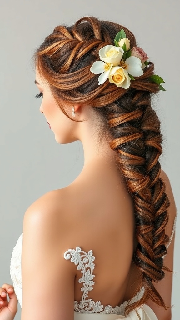 A woman with a beautiful knotless braid hairstyle adorned with flowers, showcasing a polished look.