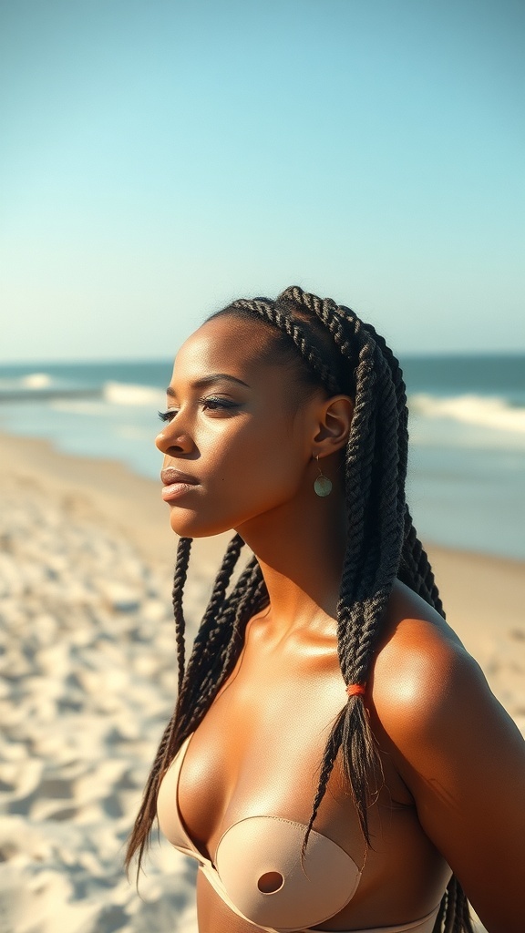 A woman with knotless braids standing on the beach, enjoying the summer sun.
