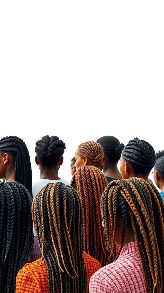 A group of individuals showcasing various knotless braid hairstyles in different textures and colors.