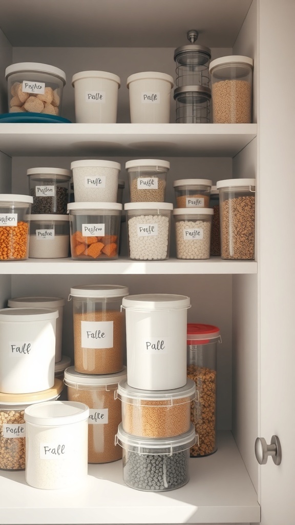 Organized kitchen containers with labels on a shelf.