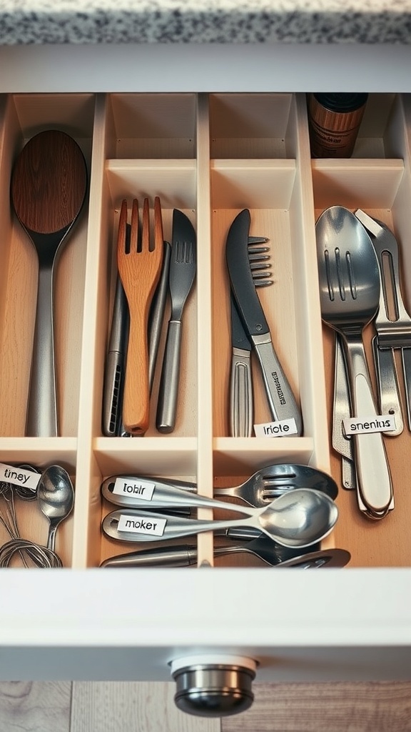 Organized kitchen drawer with labeled utensils