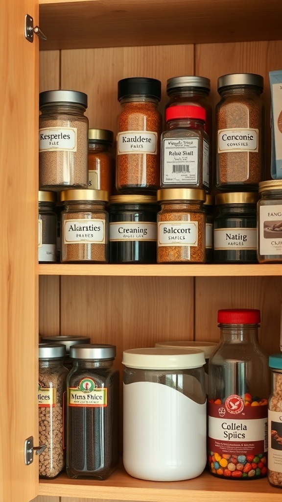 Organized kitchen cabinet with labeled spice jars and containers.