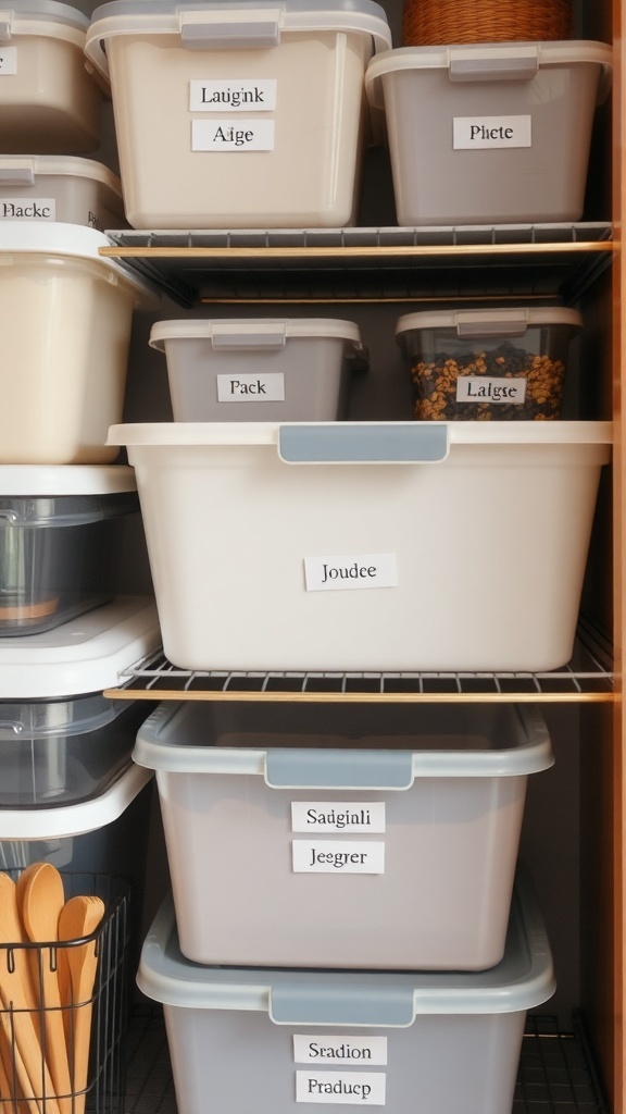Organized kitchen storage bins with labels for easy identification.