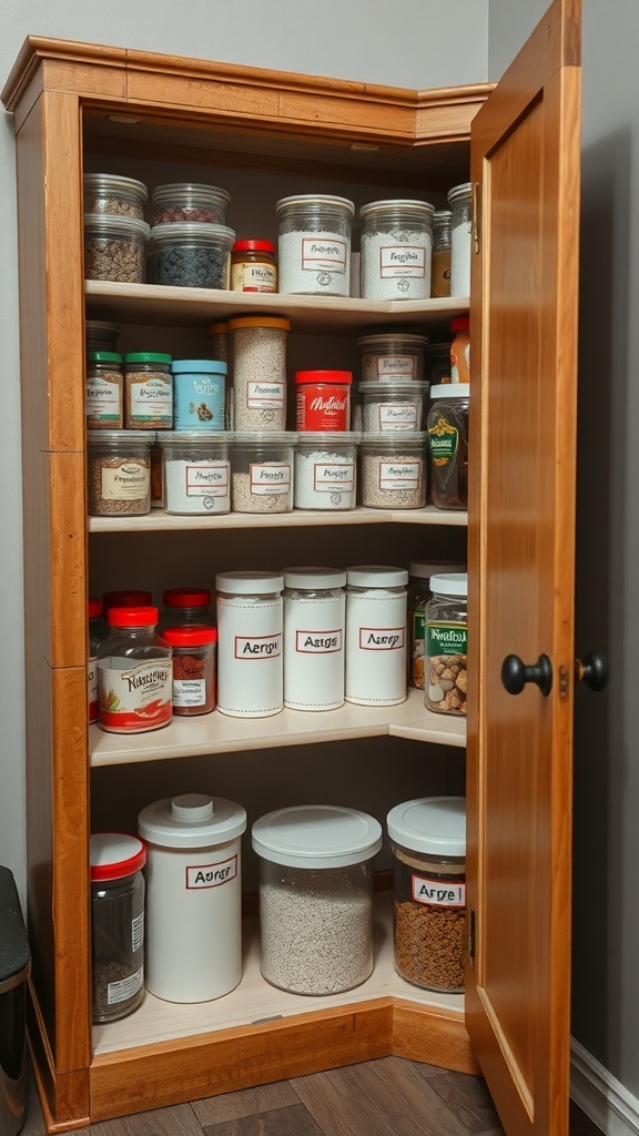 Organized corner kitchen cabinet with labeled jars and containers