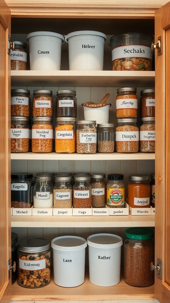 Organized kitchen cupboard with labeled jars and containers.