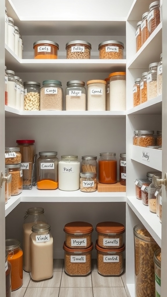 Organized pantry with labeled jars and containers