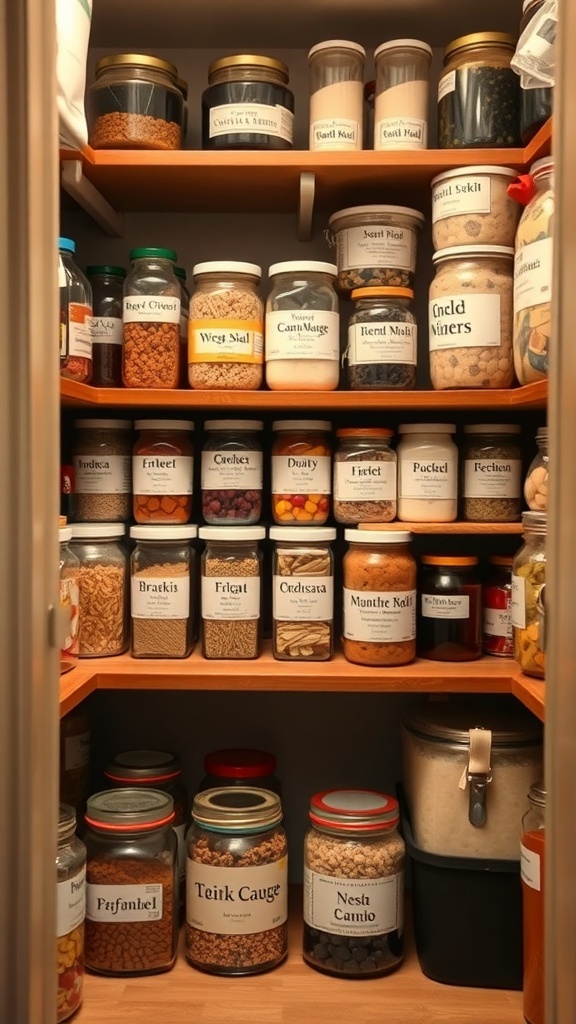 Organized pantry with labeled jars and containers.