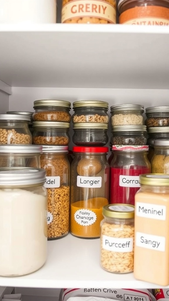 Organized kitchen storage with labeled jars and containers.
