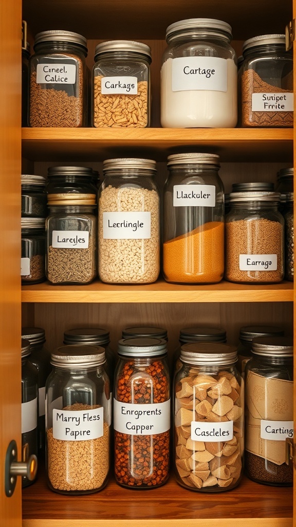 Organized kitchen cabinet with labeled jars and containers.