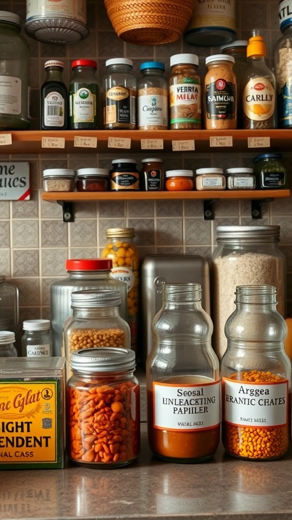 Organized kitchen shelves with labeled jars and containers.