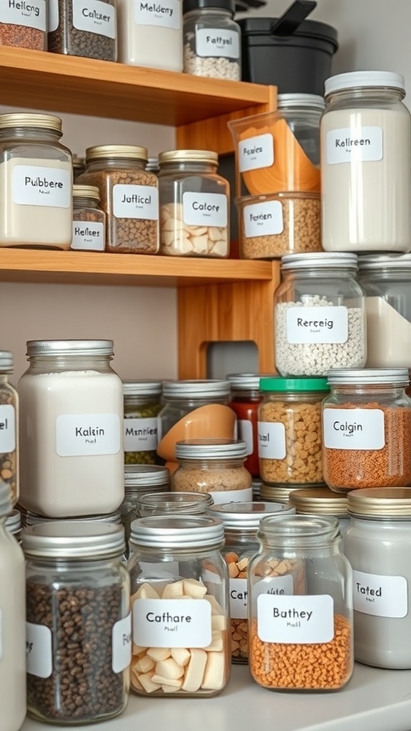 Organized jars with labels in a small Indian kitchen.