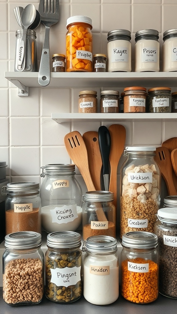 Organized kitchen shelves with labeled jars and utensils.