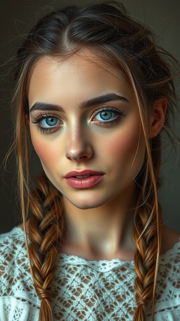 A close-up of a woman with lace braids and loose strands, showcasing a stylish hairstyle.