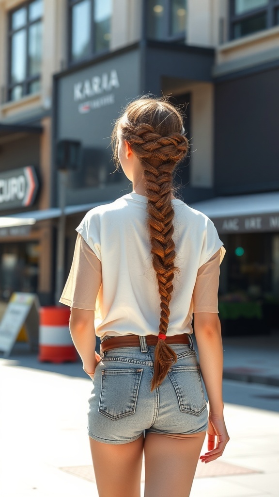 A girl with a long ladder braid wearing a light top and denim shorts, walking in a city.