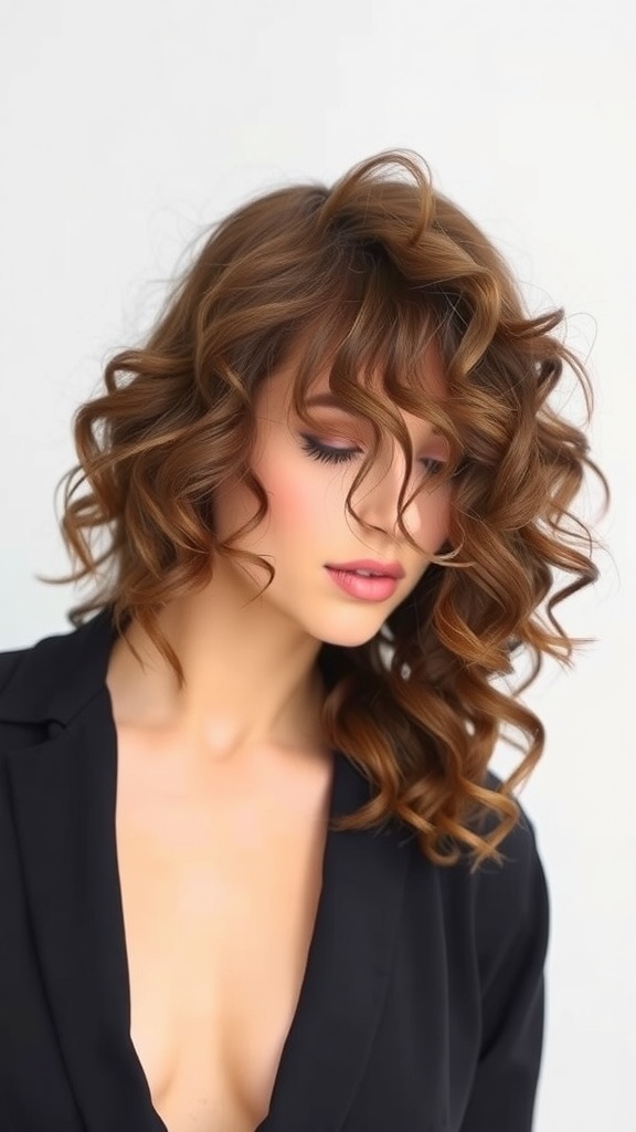 A woman with layered curly hair, showcasing soft bouncy curls and a natural look.