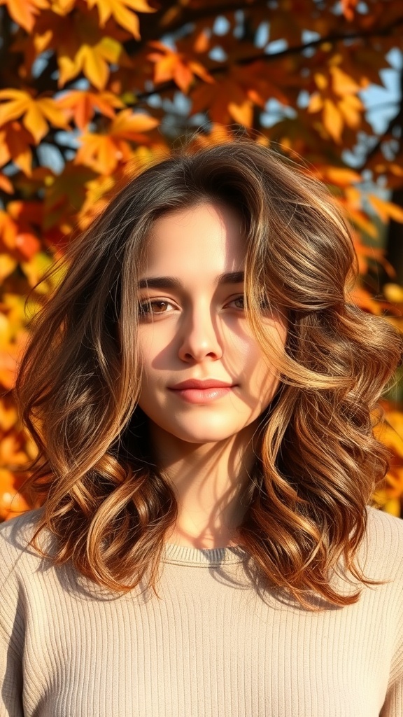 A woman with layered curly hair standing in front of autumn leaves.