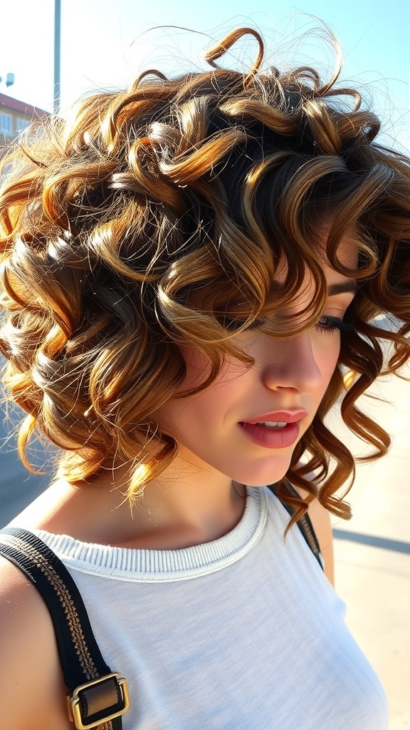 A woman with layered curly hair and highlights, showcasing a vibrant and lively hairstyle.