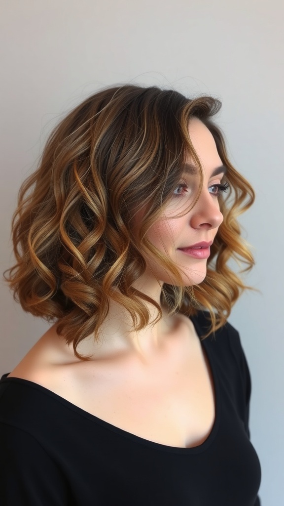 A woman with layered curly lob hairstyle, showcasing soft curls and movement.