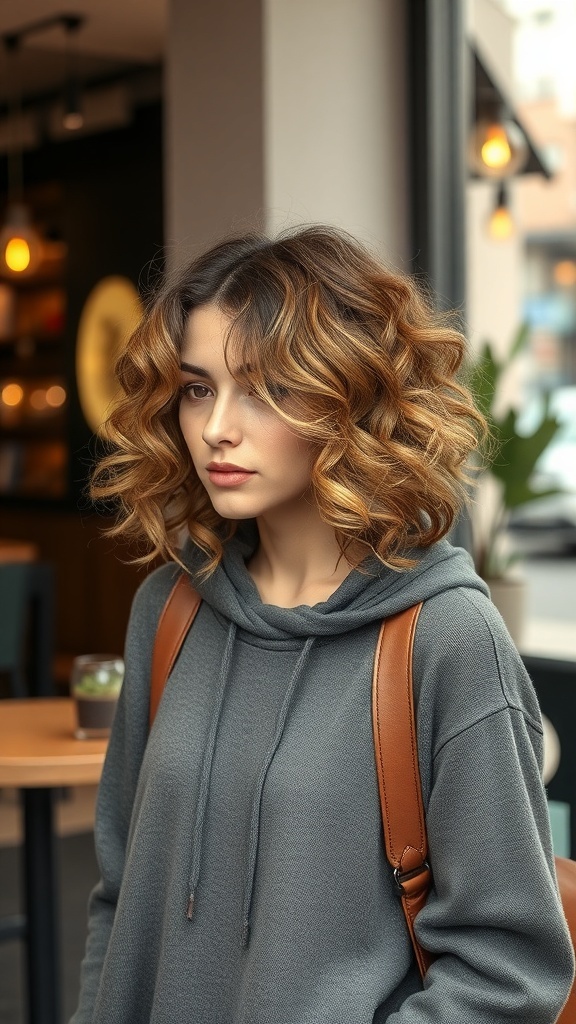 A young woman with layered curly lob hairstyle, wearing a gray hoodie, in a cozy cafe setting.