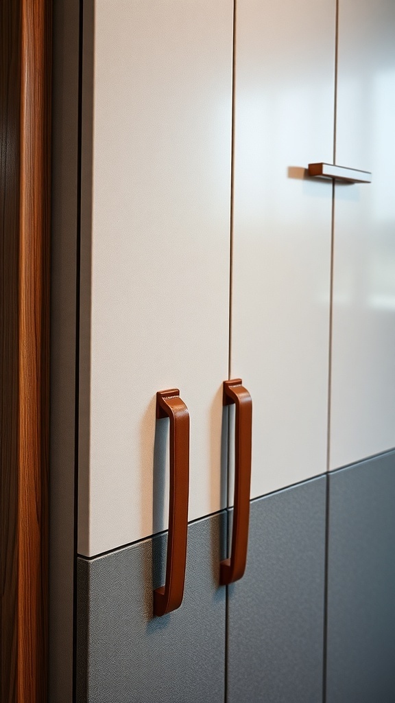 Close-up of leather-wrapped cabinet pulls on modern kitchen cabinets.