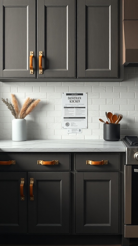 Kitchen cabinets with leather wrapped handles and a modern design.
