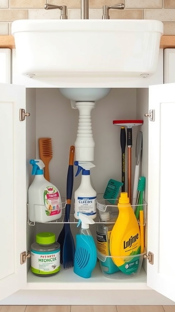 Organized under-sink storage with cleaning supplies and tools.
