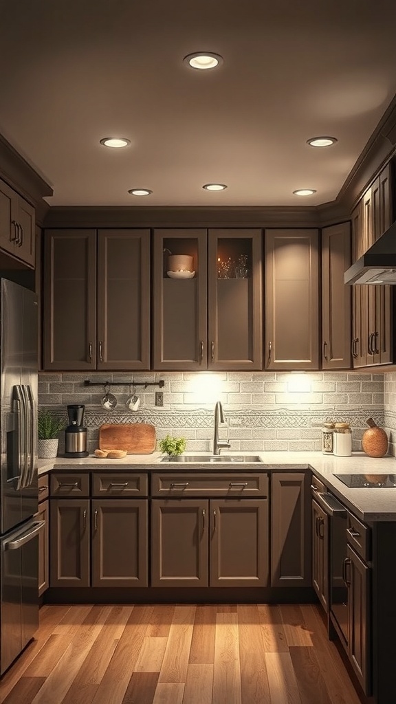 A modern kitchen with taupe cabinets and various lighting fixtures.