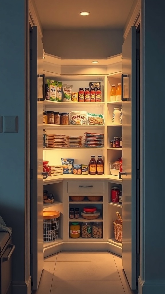 A well-lit corner kitchen pantry filled with various food items and organized shelves.