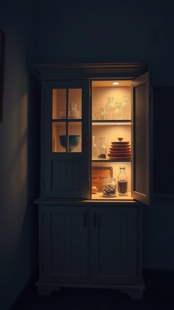 A corner cupboard with warm lighting showcasing glassware and plates.