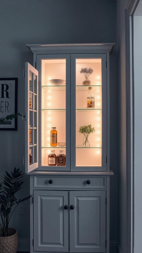 A well-lit upper corner kitchen cabinet showcasing various items.