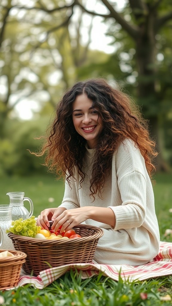 A woman with long curly hair sitting outdoors, smiling while holding tomatoes in a basket.