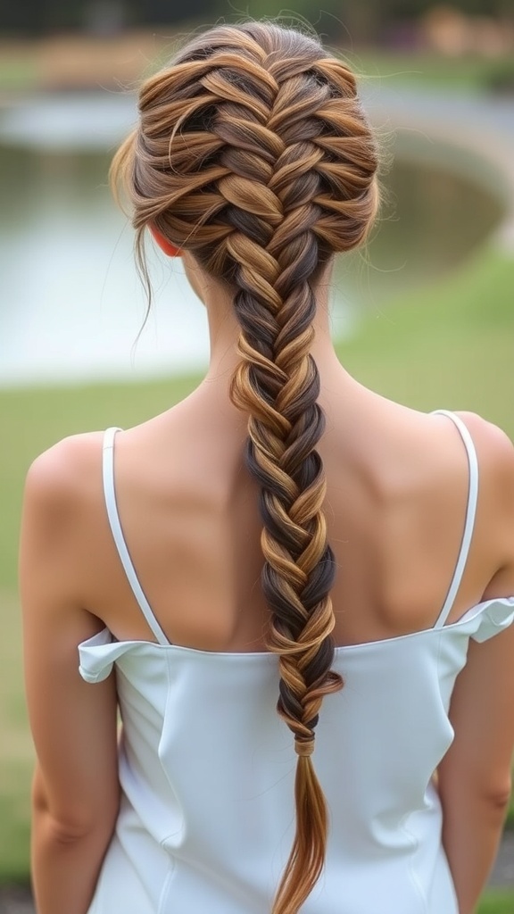 A long feed-in braided ponytail hairstyle, showcasing a neat braid with a blend of colors.