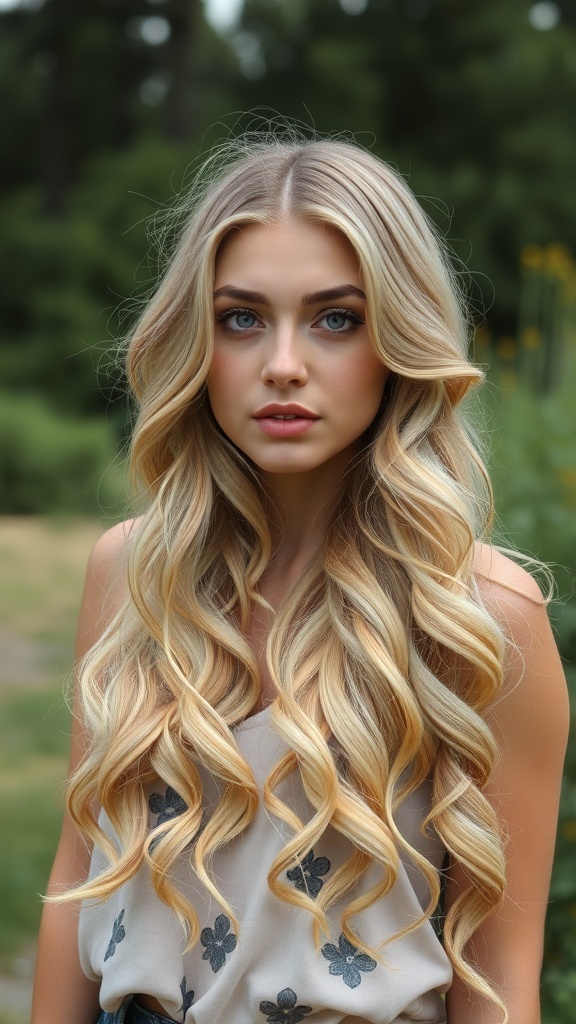 A woman with long layered blonde curls, showcasing a soft and romantic hairstyle.