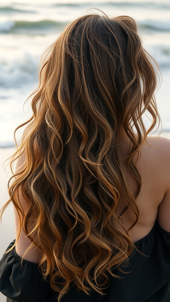 A woman with long loose curls, showcasing beautiful, flowing hair with warm tones.