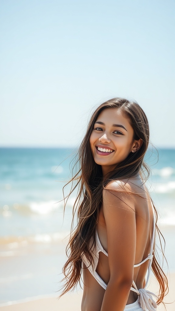 A young woman with long loose waves smiling at the beach