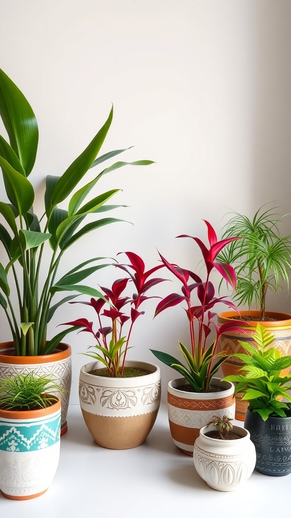 A collection of indoor plants in decorative pots