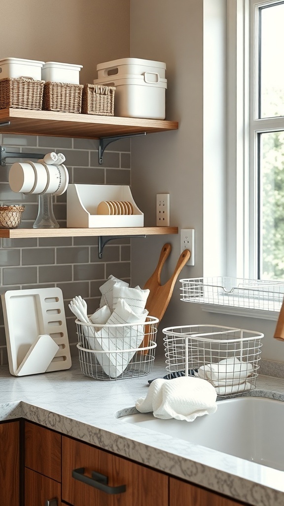 A well-organized kitchen corner with various storage baskets and accessories.