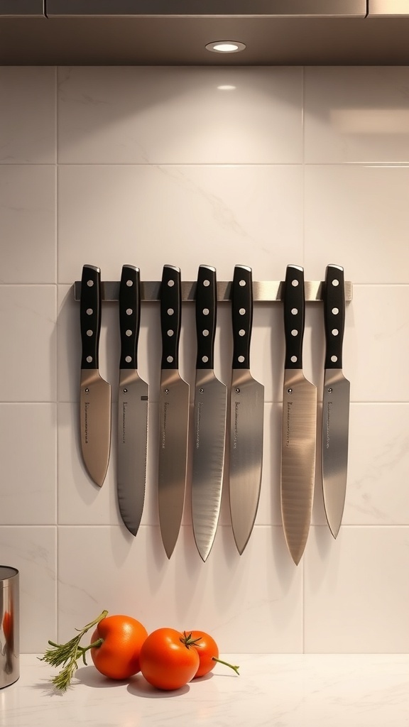 A magnetic knife strip holding several kitchen knives against a tiled wall.